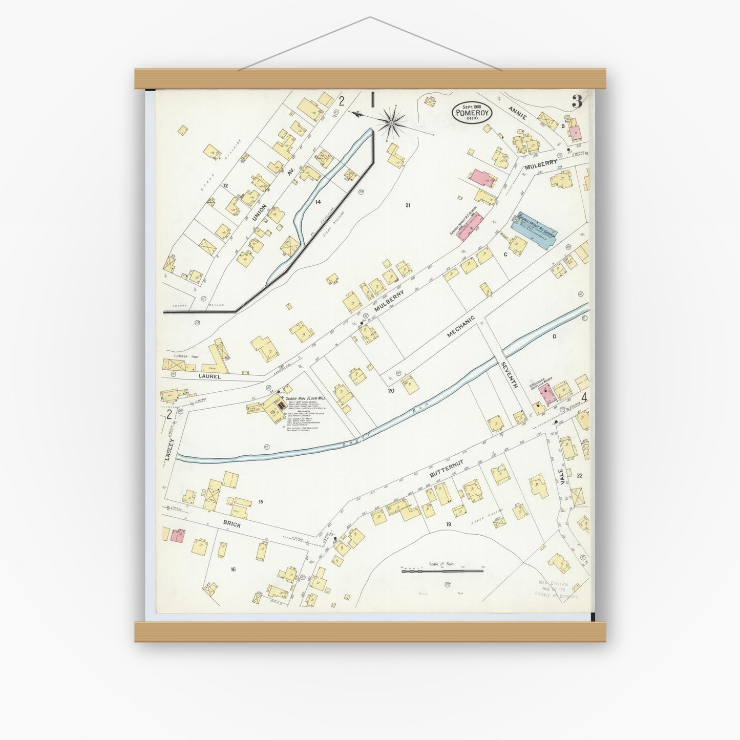Old map wall art mockup — magnetic wood frame on white wall — Sanborn Fire Insurance Map from Pomeroy, Meigs County, Ohio (1908), Sheet #0003