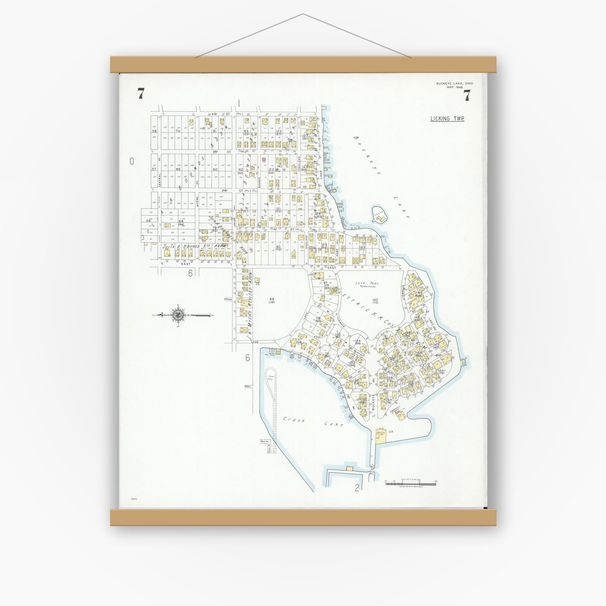 Old map wall art mockup — magnetic wood frame on white wall — Sanborn Fire Insurance Map from Buckeye Lake, Licking County, Ohio (1946), Sheet #0007