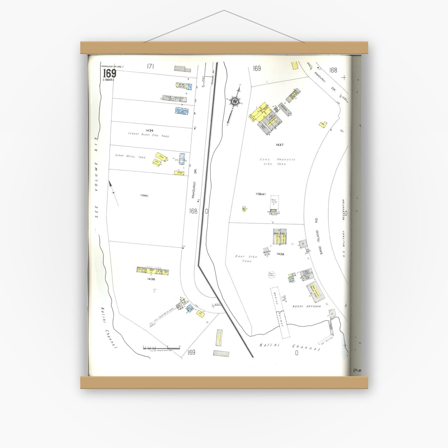 Old map wall art mockup — magnetic wood frame on white wall — Sanborn Fire Insurance Map from Honolulu, Oahu County, Hawaii (1955), Sheet #0169