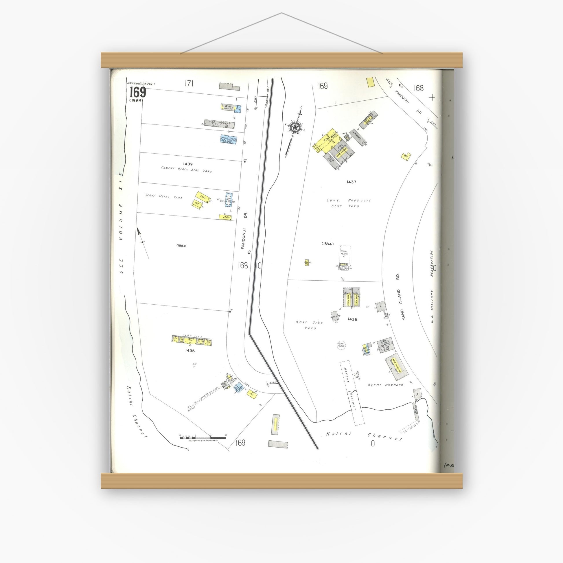 Old map wall art mockup — magnetic wood frame on white wall — Sanborn Fire Insurance Map from Honolulu, Oahu County, Hawaii (1955), Sheet #0169