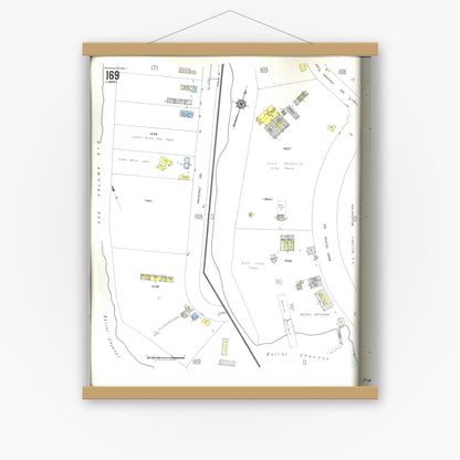 Old map wall art mockup — magnetic wood frame on white wall — Sanborn Fire Insurance Map from Honolulu, Oahu County, Hawaii (1955), Sheet #0169