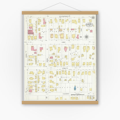 Old map wall art mockup — magnetic wood frame on white wall — Sanborn Fire Insurance Map from New Castle, Henry County, Indiana (1908), Sheet #0011