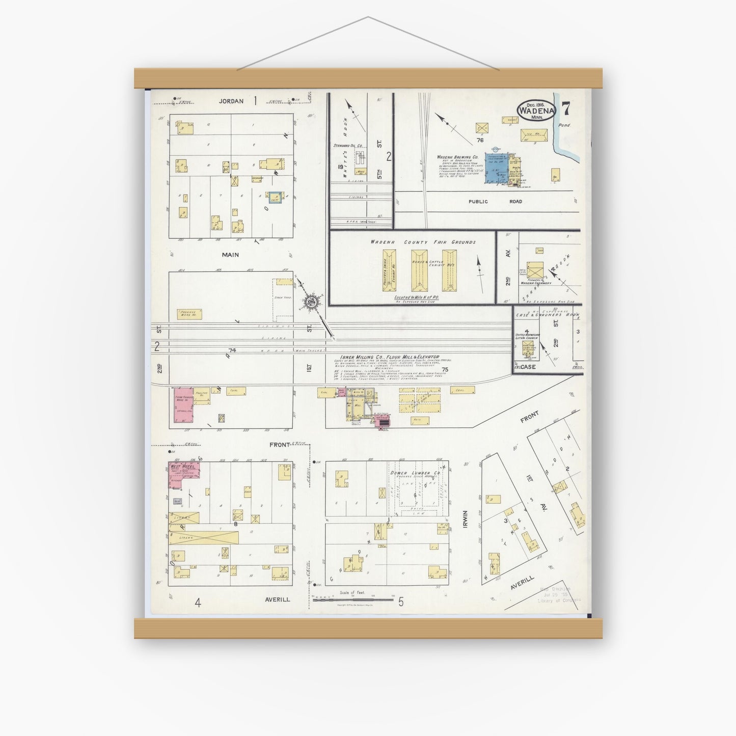 Old map wall art mockup — magnetic wood frame on white wall — Sanborn Fire Insurance Map from Wadena, Wadena County, Minnesota (1916), Sheet #0007