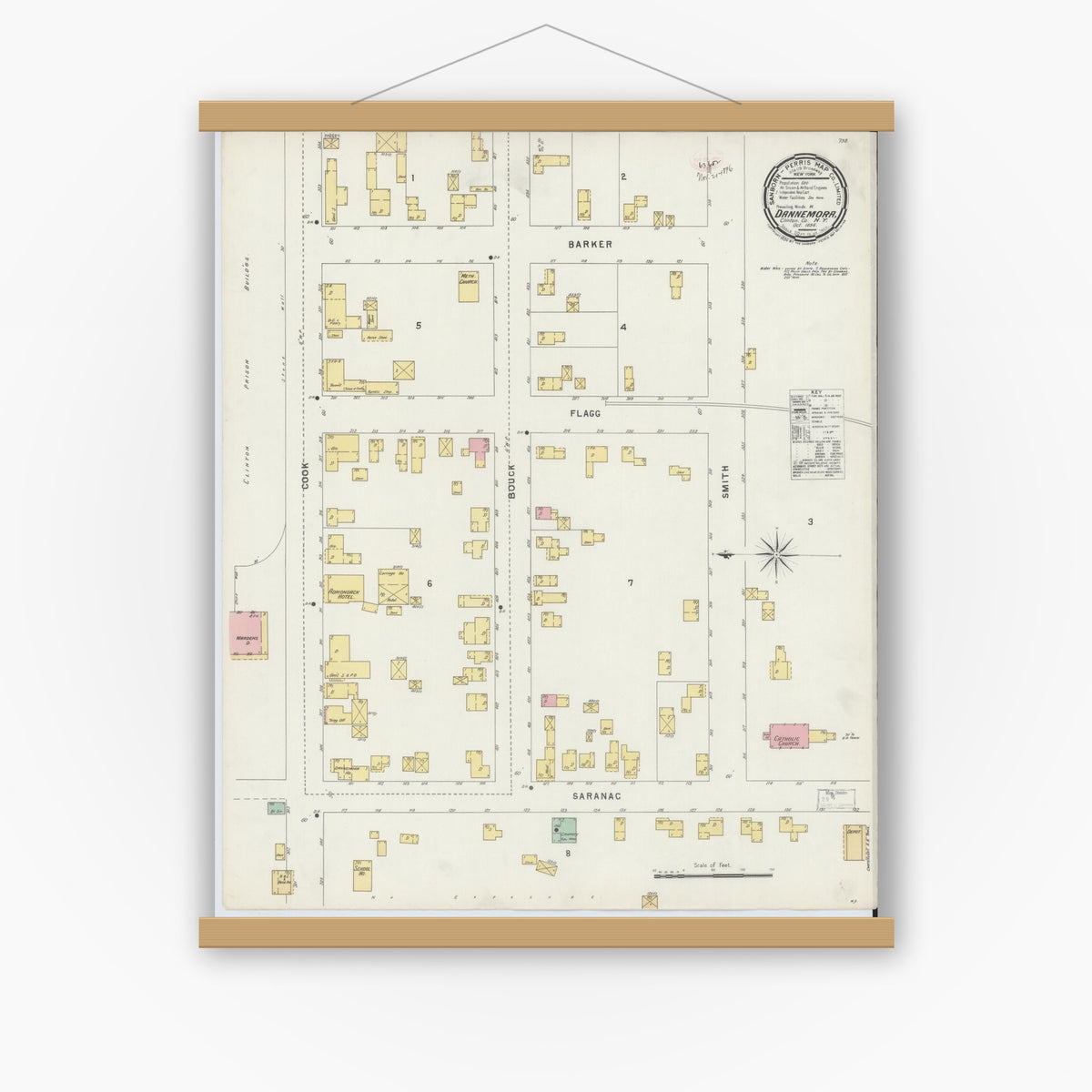 Old map wall art mockup — magnetic wood frame on white wall — Sanborn Fire Insurance Map from Dannemora, Clinton County, New York (1896), Sheet #0001