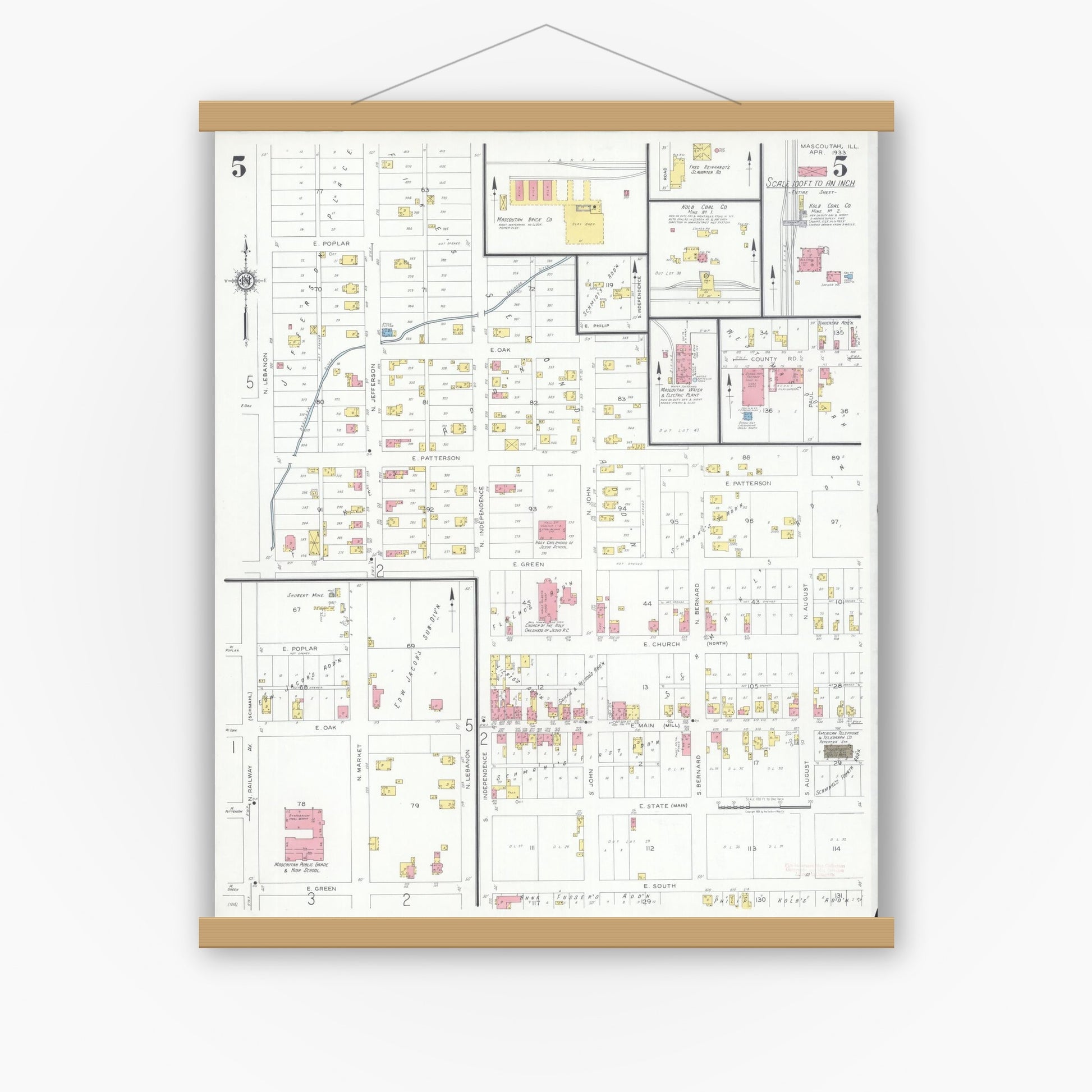 Old map wall art mockup — magnetic wood frame on white wall — Sanborn Fire Insurance Map from Mascoutah, Saint Clair County, Illinois (1933), Sheet #0005