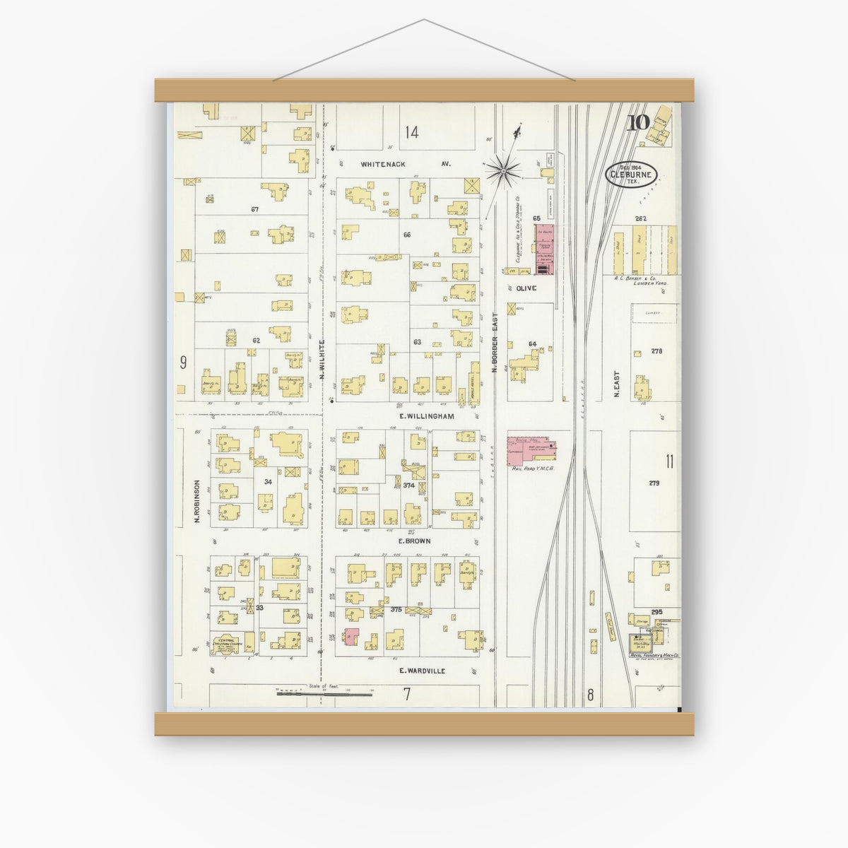 Old map wall art mockup — magnetic wood frame on white wall — Sanborn Fire Insurance Map from Cleburne, Johnson County, Texas (1904), Sheet #0010