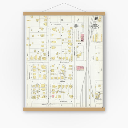 Old map wall art mockup — magnetic wood frame on white wall — Sanborn Fire Insurance Map from Cleburne, Johnson County, Texas (1904), Sheet #0010