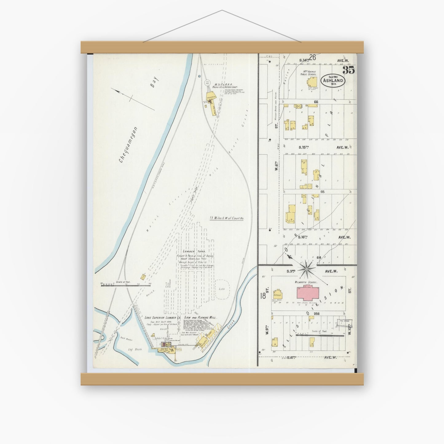 Old map wall art mockup — magnetic wood frame on white wall — Sanborn Fire Insurance Map from Ashland, Ashland County, Wisconsin (1901), Sheet #0035