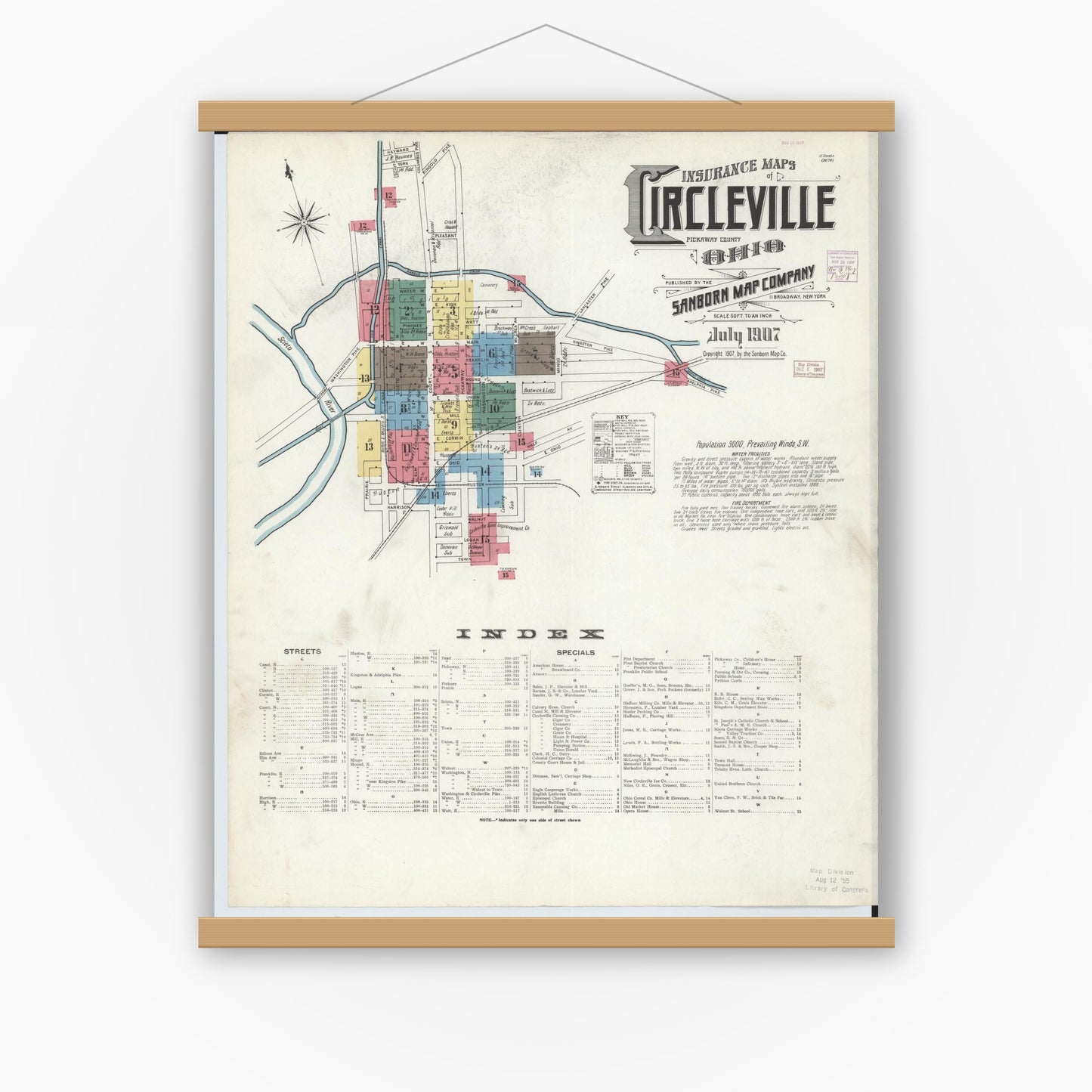 Old map wall art mockup — magnetic wood frame on white wall — Sanborn Fire Insurance Map from Circleville, Pickaway County, Ohio (1907) - Complete Map Set