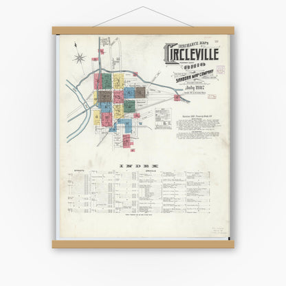 Old map wall art mockup — magnetic wood frame on white wall — Sanborn Fire Insurance Map from Circleville, Pickaway County, Ohio (1907) - Complete Map Set