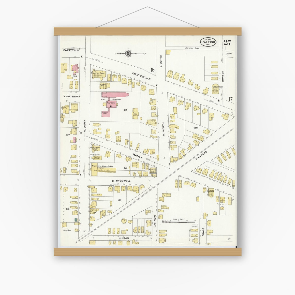 Old map wall art mockup — magnetic wood frame on white wall — Sanborn Fire Insurance Map from Raleigh, Wake County, North Carolina (1909), Sheet #0027