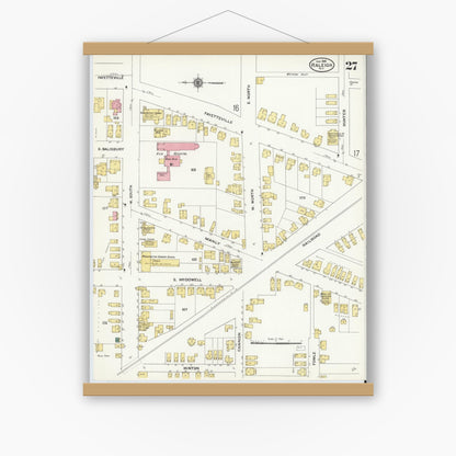 Old map wall art mockup — magnetic wood frame on white wall — Sanborn Fire Insurance Map from Raleigh, Wake County, North Carolina (1909), Sheet #0027