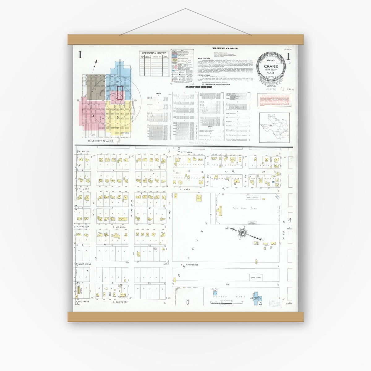 Old map wall art mockup — magnetic wood frame on white wall — Sanborn Fire Insurance Map from Crane, Crane County, Texas (1951) - Complete Map Set
