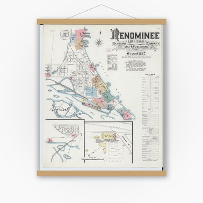 Old map wall art mockup — magnetic wood frame on white wall — Sanborn Fire Insurance Map from Menominee, Menominee County, Michigan (1887) - Complete Map Set