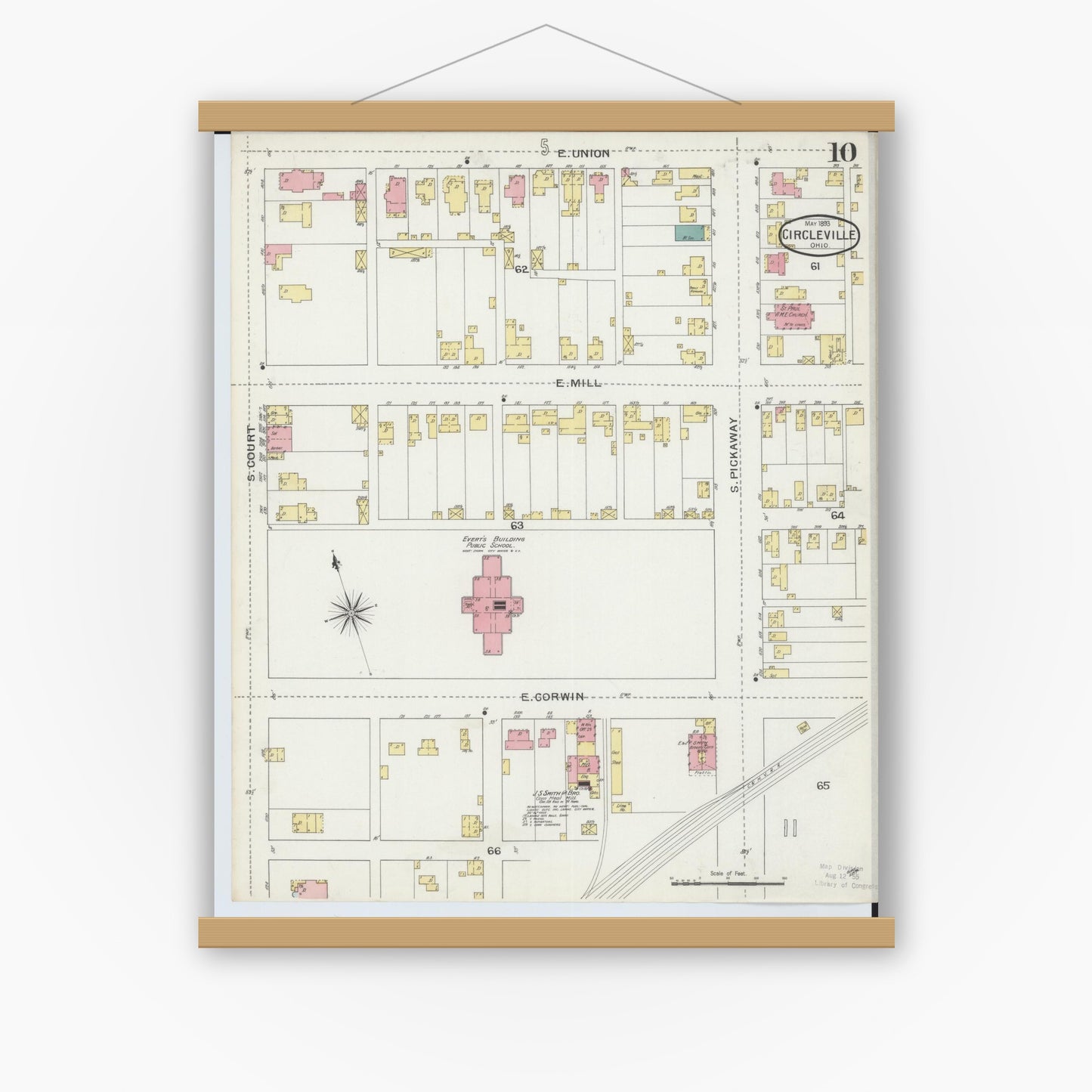 Old map wall art mockup — magnetic wood frame on white wall — Sanborn Fire Insurance Map from Circleville, Pickaway County, Ohio (1893), Sheet #0010