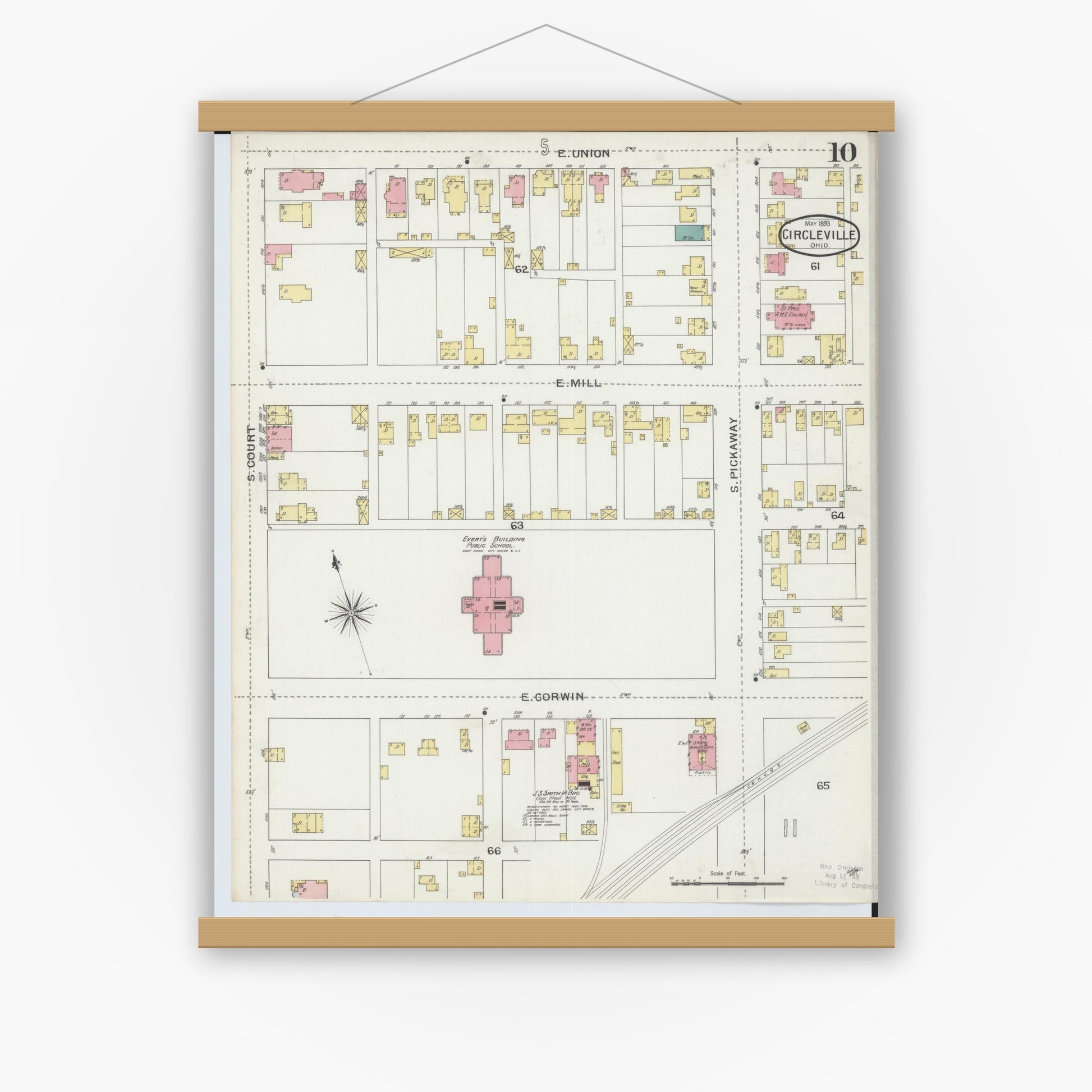 Old map wall art mockup — magnetic wood frame on white wall — Sanborn Fire Insurance Map from Circleville, Pickaway County, Ohio (1893), Sheet #0010