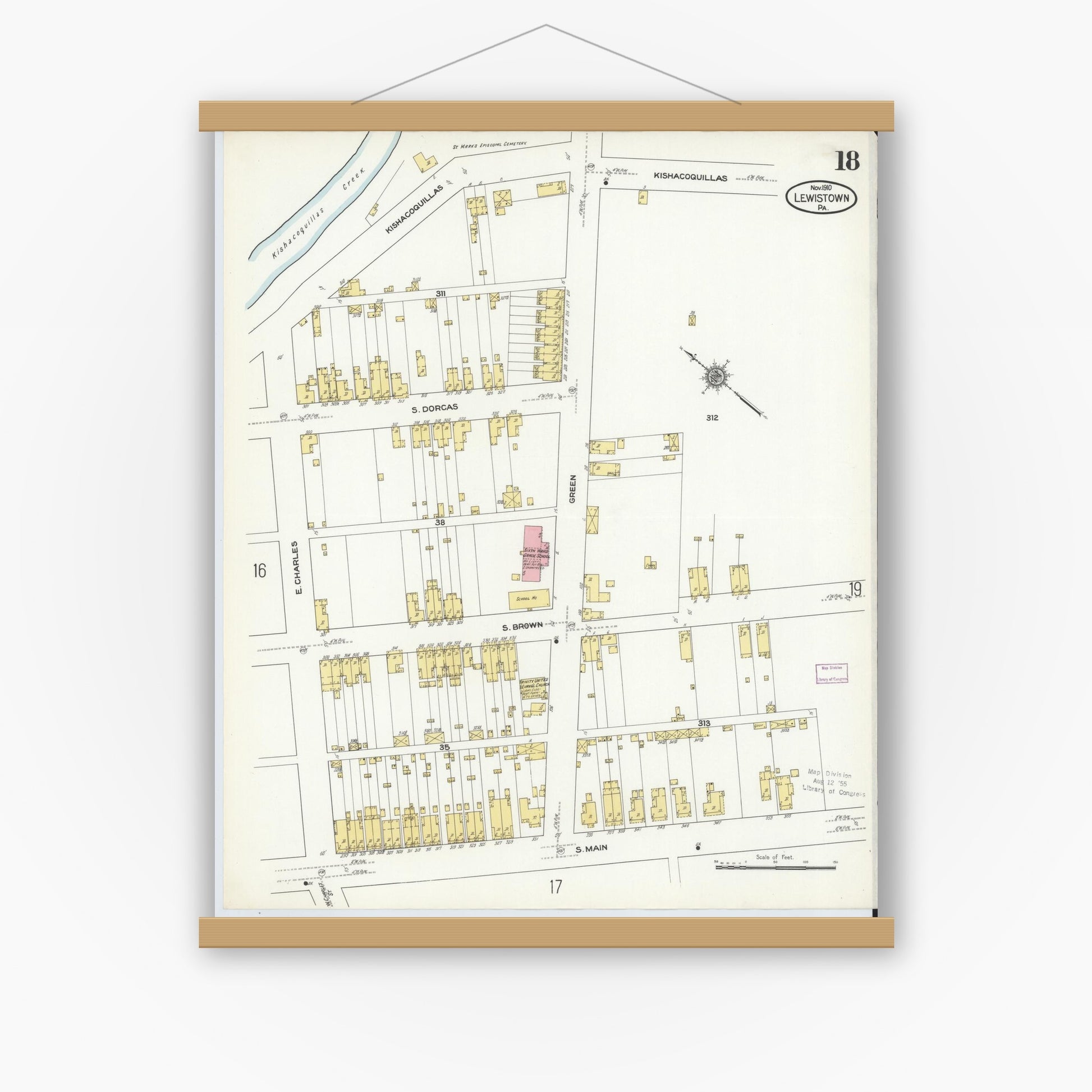 Old map wall art mockup — magnetic wood frame on white wall — Sanborn Fire Insurance Map from Lewistown, Mifflin County, Pennsylvania (1910), Sheet #0018