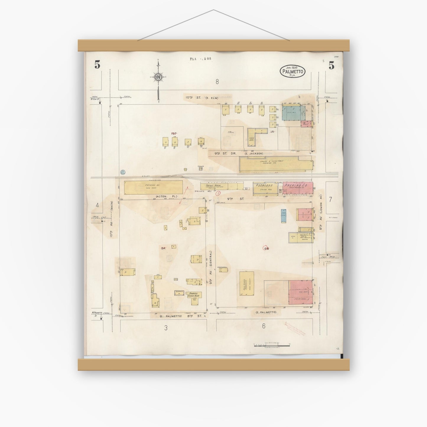Old map wall art mockup — magnetic wood frame on white wall — Sanborn Fire Insurance Map from Palmetto, Manatee County, Florida (1944), Sheet #0005