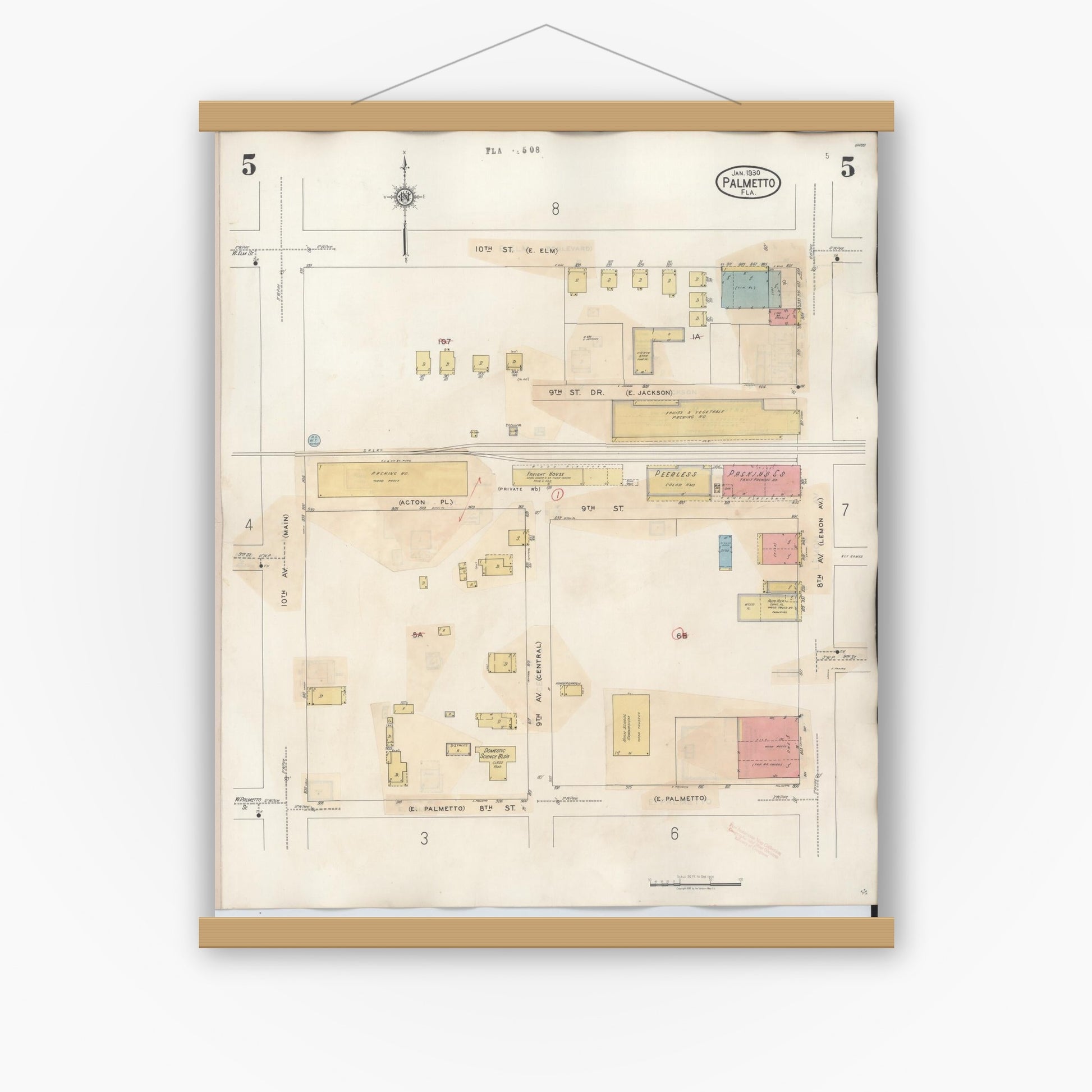 Old map wall art mockup — magnetic wood frame on white wall — Sanborn Fire Insurance Map from Palmetto, Manatee County, Florida (1944), Sheet #0005