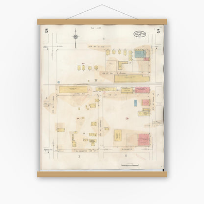 Old map wall art mockup — magnetic wood frame on white wall — Sanborn Fire Insurance Map from Palmetto, Manatee County, Florida (1944), Sheet #0005