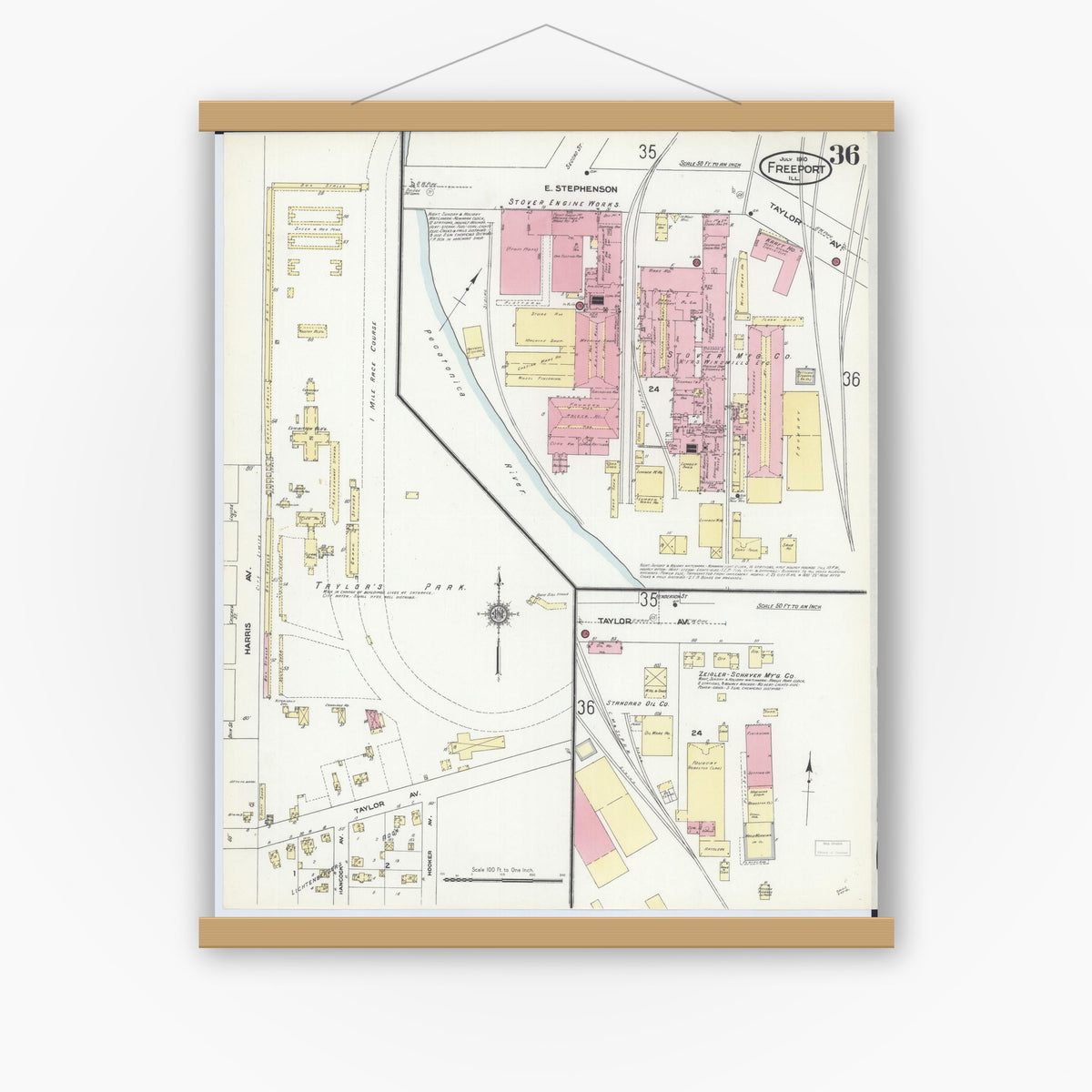 Old map wall art mockup — magnetic wood frame on white wall — Sanborn Fire Insurance Map from Freeport, Stephenson County, Illinois (1910), Sheet #0036