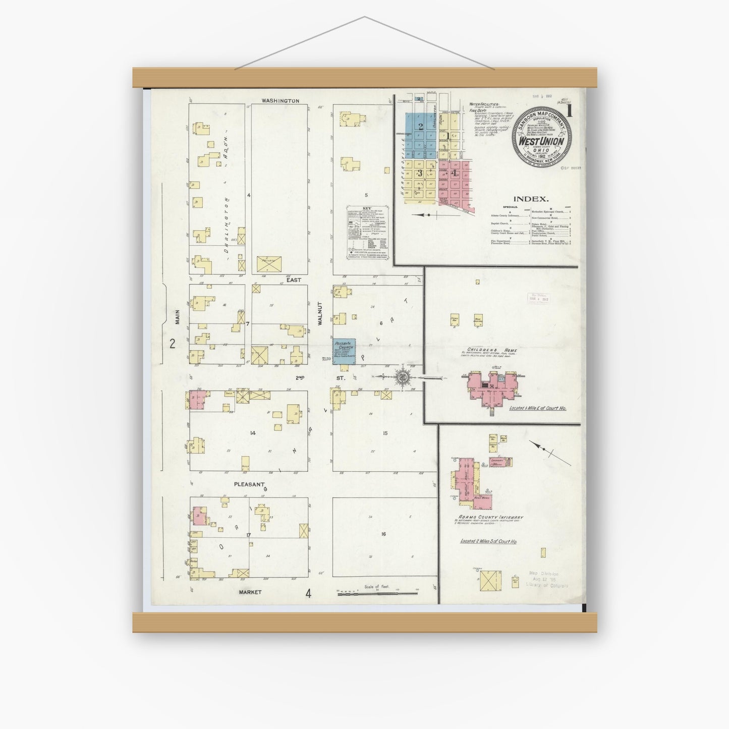 Old map wall art mockup — magnetic wood frame on white wall — Sanborn Fire Insurance Map from West Union, Adams County, Ohio (1912), Sheet #0001