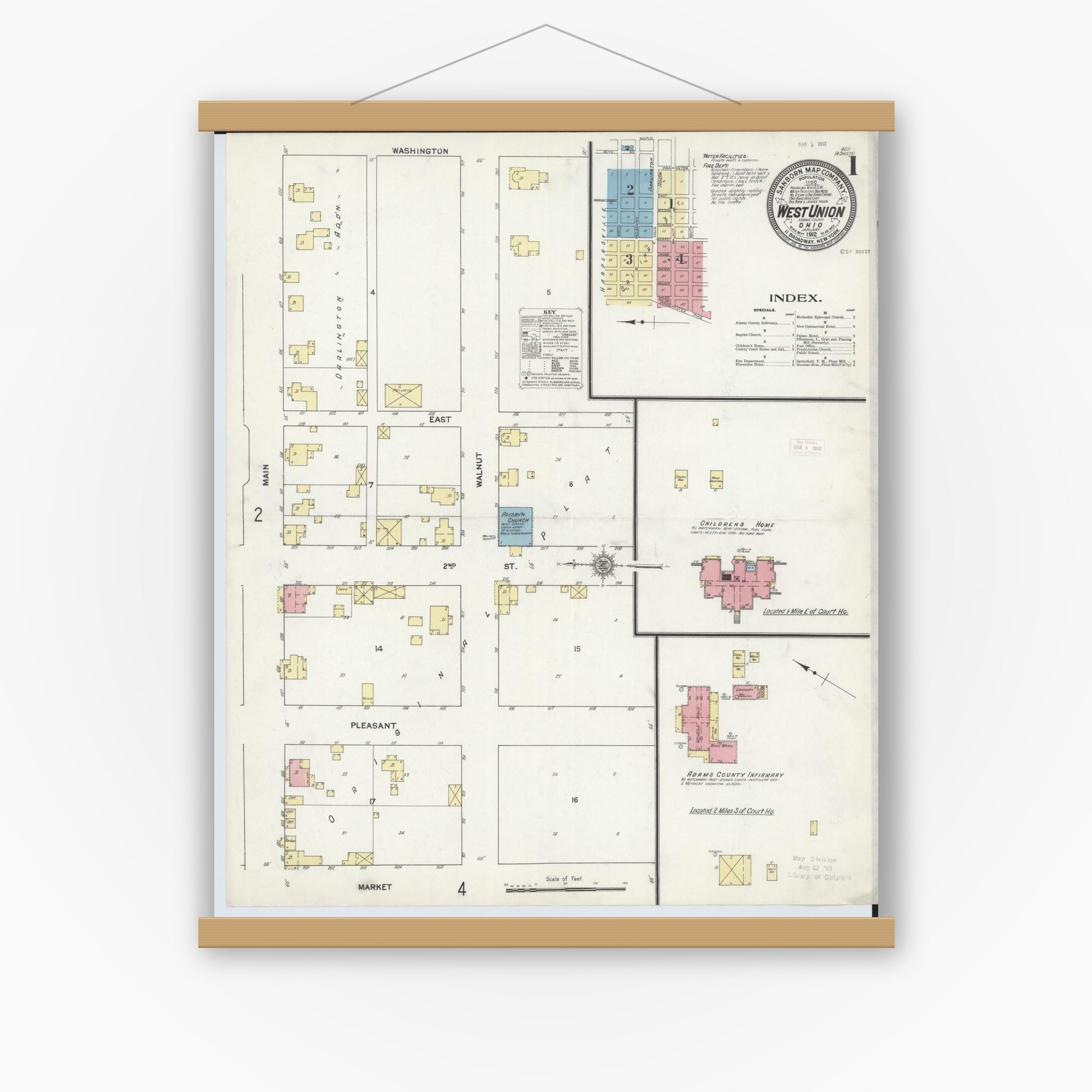 Old map wall art mockup — magnetic wood frame on white wall — Sanborn Fire Insurance Map from West Union, Adams County, Ohio (1912), Sheet #0001