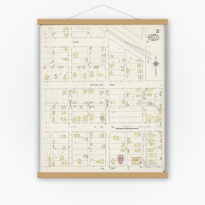 Old map wall art mockup — magnetic wood frame on white wall — Sanborn Fire Insurance Map from Wells, Faribault County, Minnesota (1914), Sheet #0003