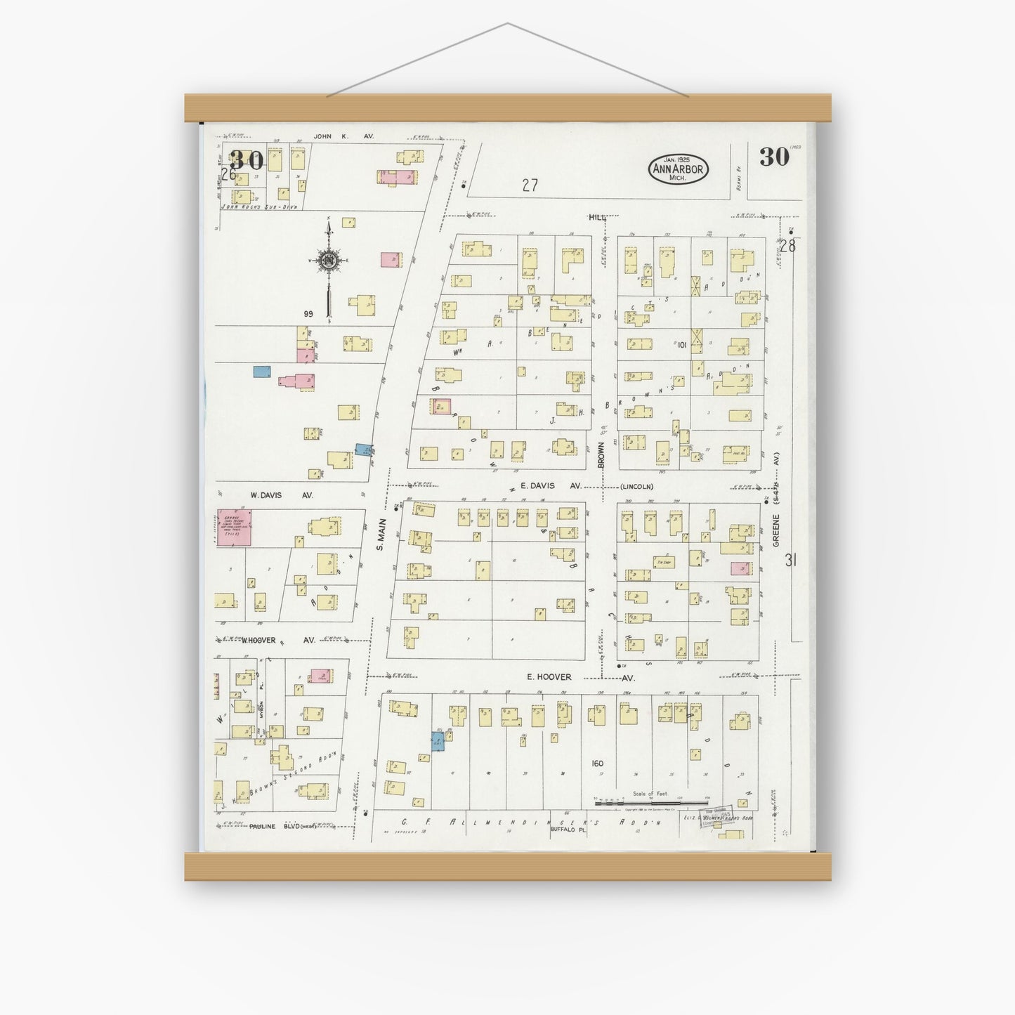 Old map wall art mockup — magnetic wood frame on white wall — Sanborn Fire Insurance Map from Ann Arbor, Washtenaw County, Michigan (1925), Sheet #0030