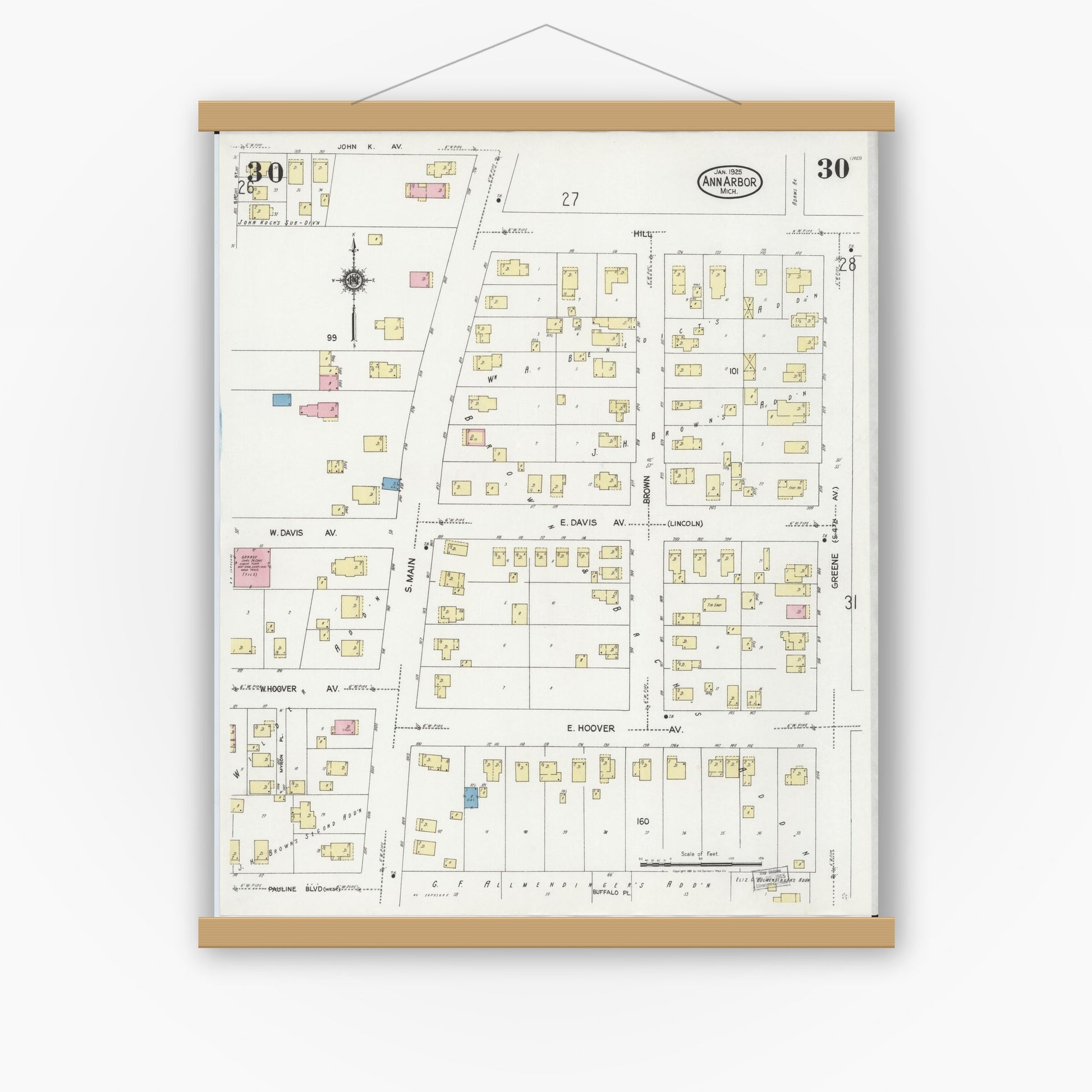 Old map wall art mockup — magnetic wood frame on white wall — Sanborn Fire Insurance Map from Ann Arbor, Washtenaw County, Michigan (1925), Sheet #0030