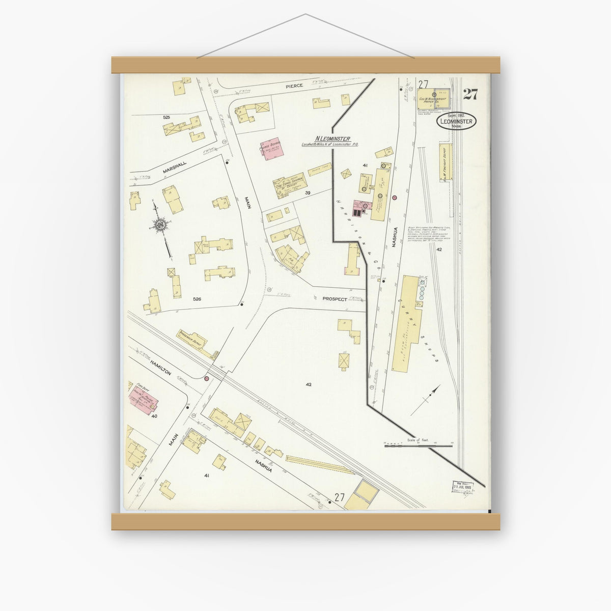 Old map wall art mockup — magnetic wood frame on white wall — Sanborn Fire Insurance Map from Leominster, Worcester County, Massachusetts (1912), Sheet #0027