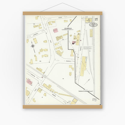 Old map wall art mockup — magnetic wood frame on white wall — Sanborn Fire Insurance Map from Leominster, Worcester County, Massachusetts (1912), Sheet #0027