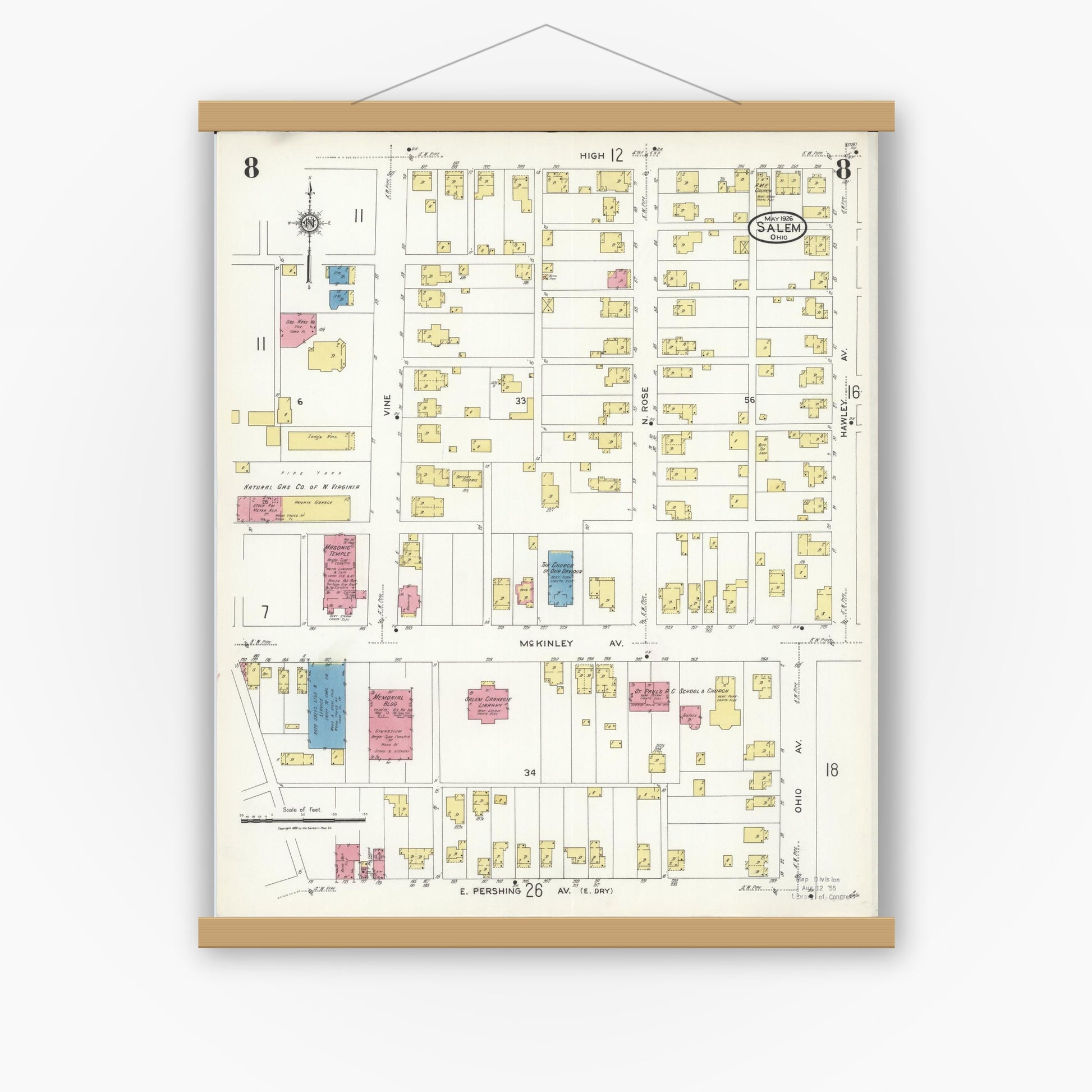 Old map wall art mockup — magnetic wood frame on white wall — Sanborn Fire Insurance Map from Salem, Columbiana County, Ohio (1926), Sheet #0008