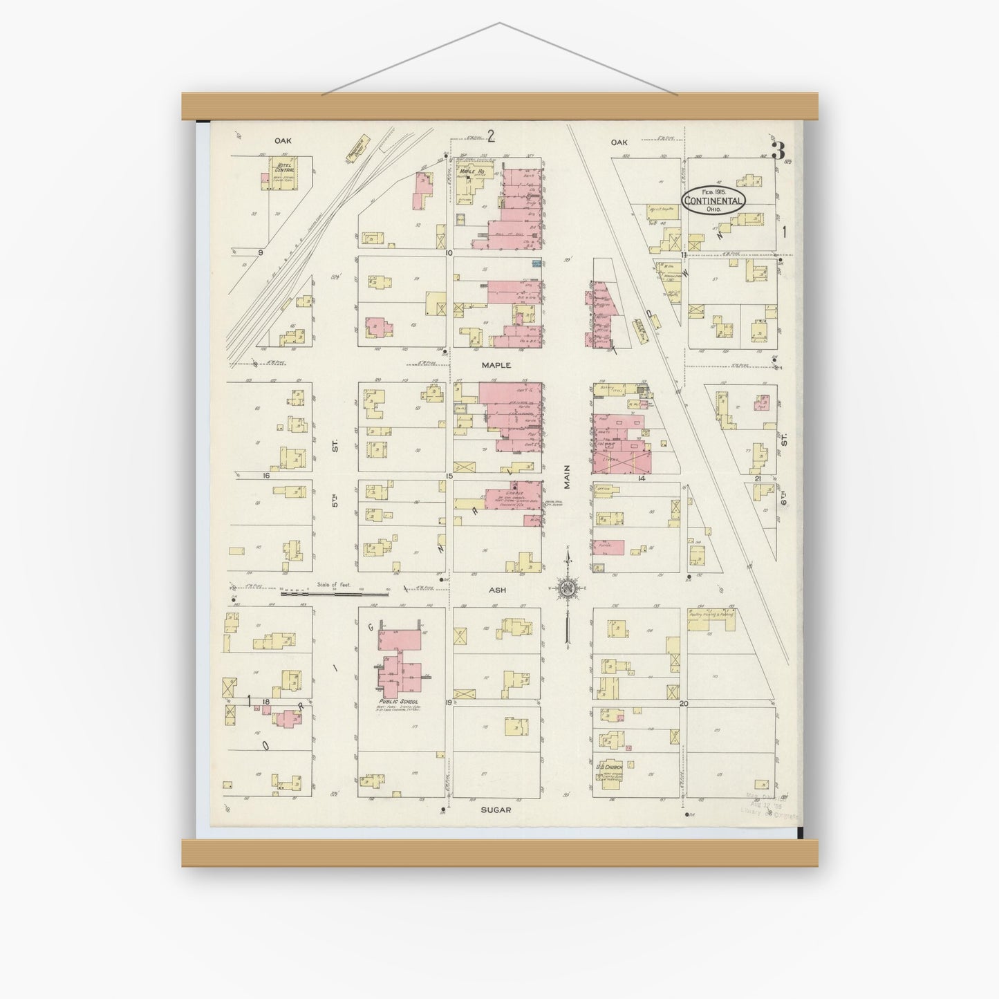 Old map wall art mockup — magnetic wood frame on white wall — Sanborn Fire Insurance Map from Continental, Putnam County, Ohio (1915), Sheet #0003