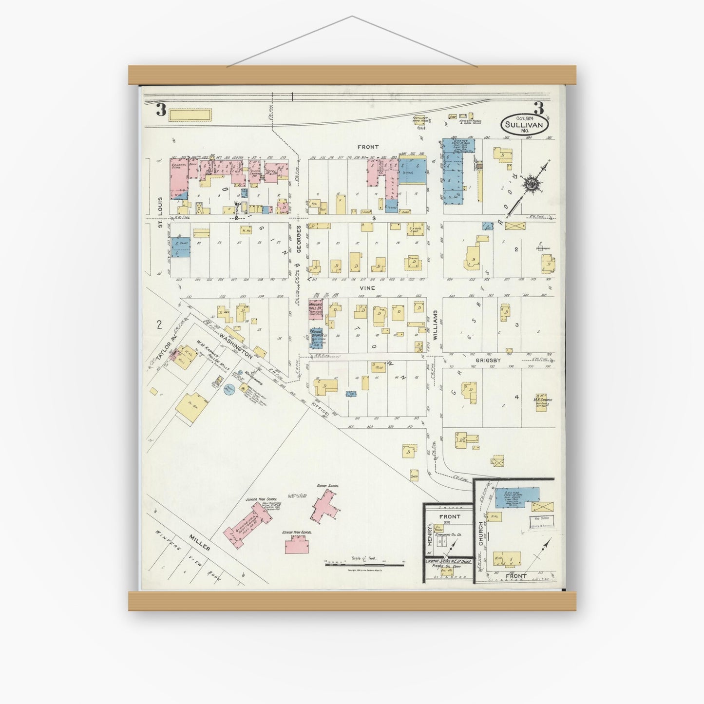Old map wall art mockup — magnetic wood frame on white wall — Sanborn Fire Insurance Map from Sullivan, Franklin County, Missouri (1924), Sheet #0003