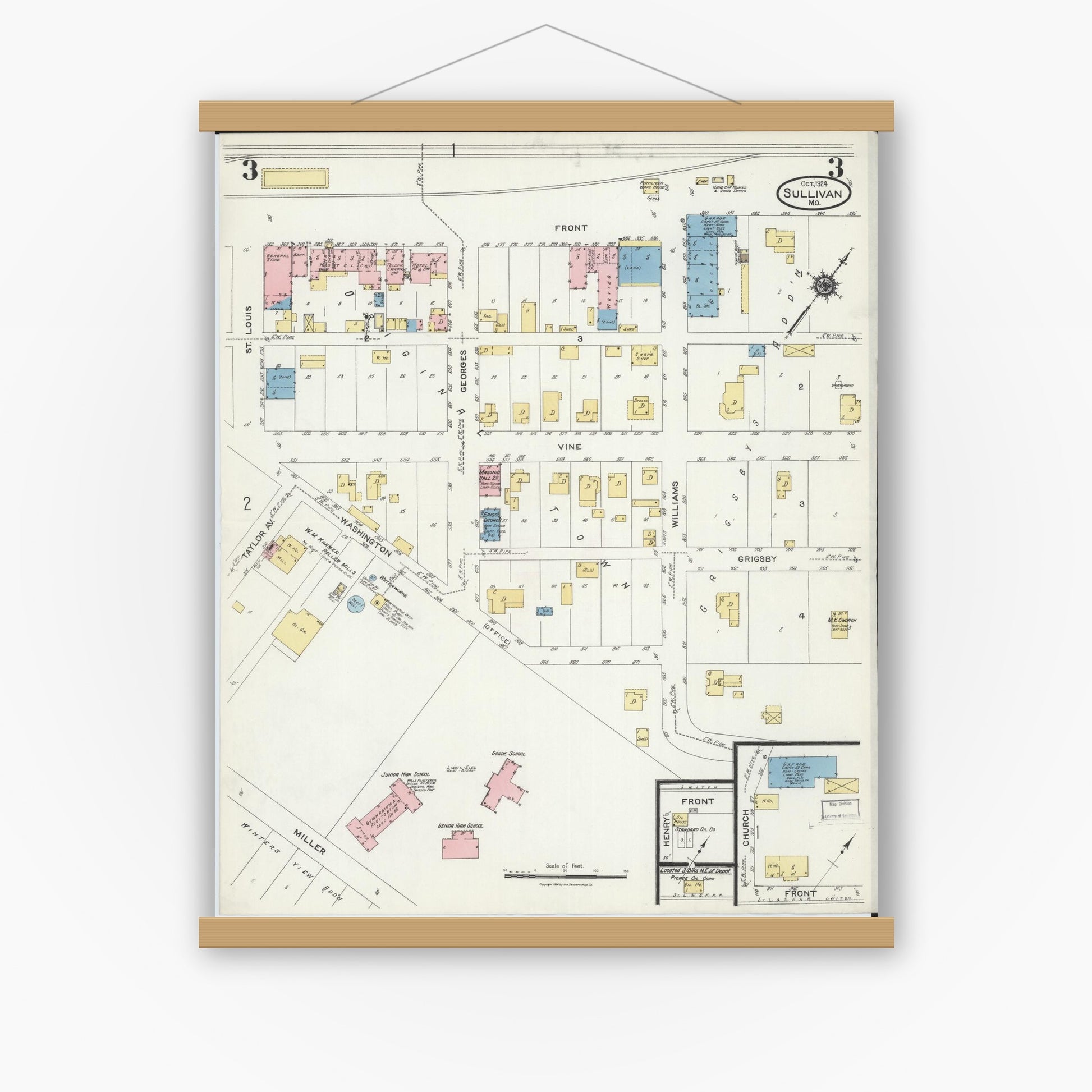 Old map wall art mockup — magnetic wood frame on white wall — Sanborn Fire Insurance Map from Sullivan, Franklin County, Missouri (1924), Sheet #0003