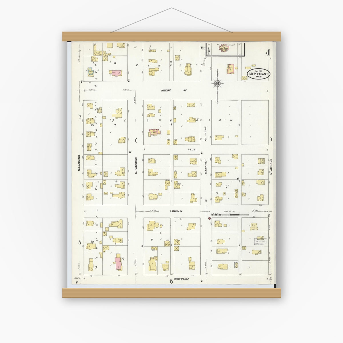 Old map wall art mockup — magnetic wood frame on white wall — Sanborn Fire Insurance Map from Mount Pleasant, Isabella County, Michigan (1910), Sheet #0004