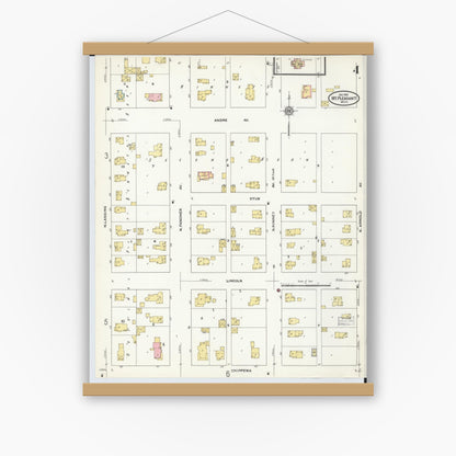 Old map wall art mockup — magnetic wood frame on white wall — Sanborn Fire Insurance Map from Mount Pleasant, Isabella County, Michigan (1910), Sheet #0004