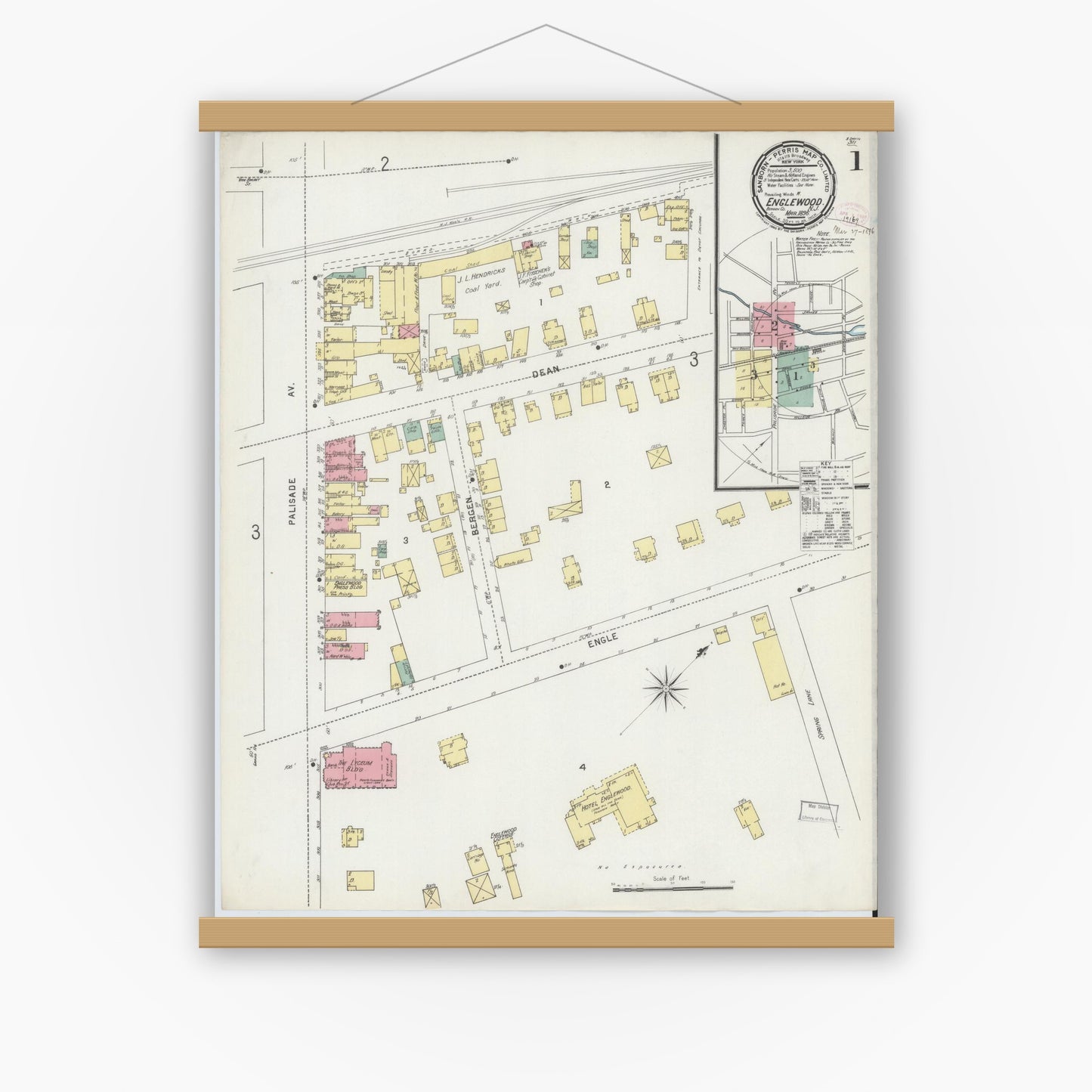 Old map wall art mockup — magnetic wood frame on white wall — Sanborn Fire Insurance Map from Englewood, Bergen County, New Jersey (1896), Sheet #0001