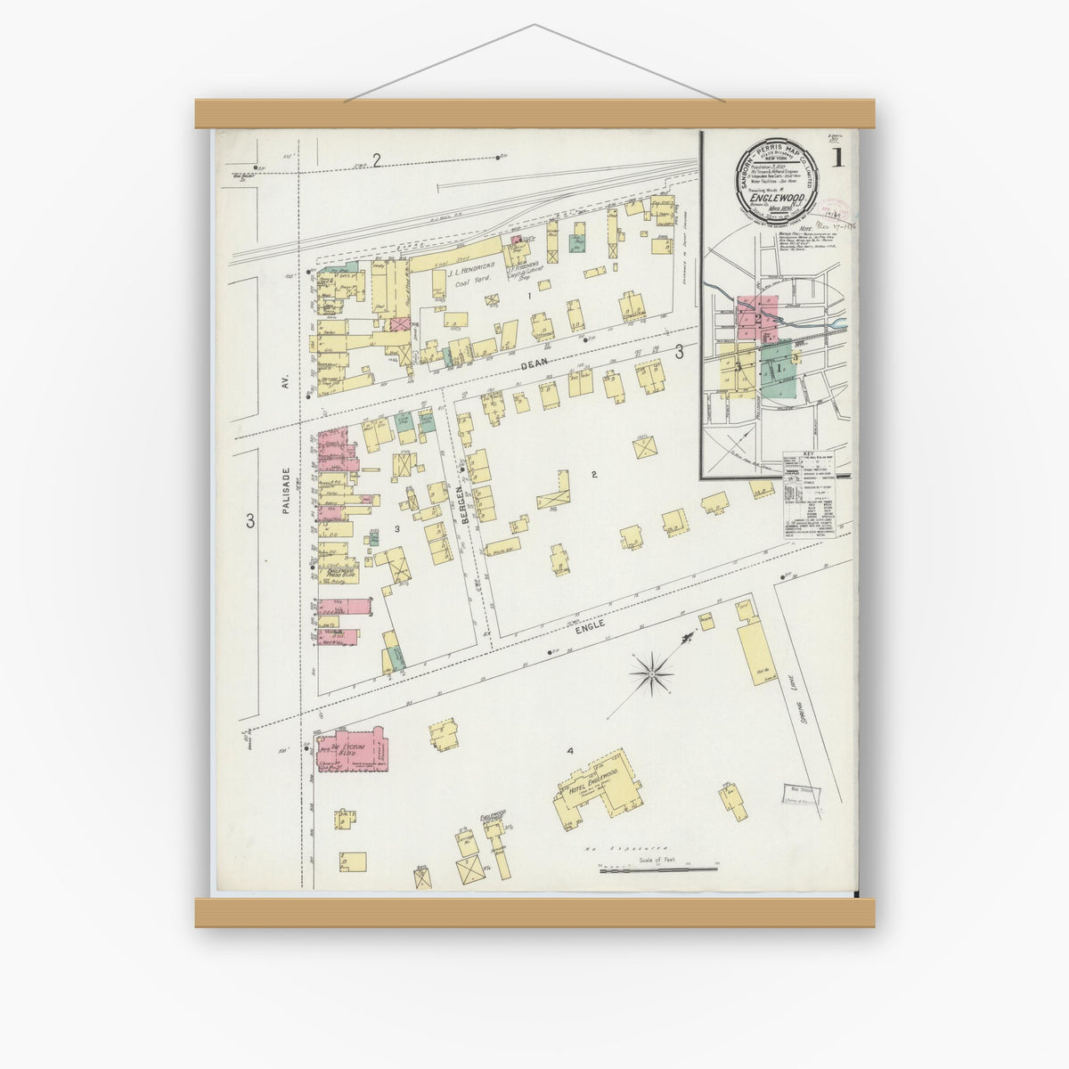 Old map wall art mockup — magnetic wood frame on white wall — Sanborn Fire Insurance Map from Englewood, Bergen County, New Jersey (1896), Sheet #0001