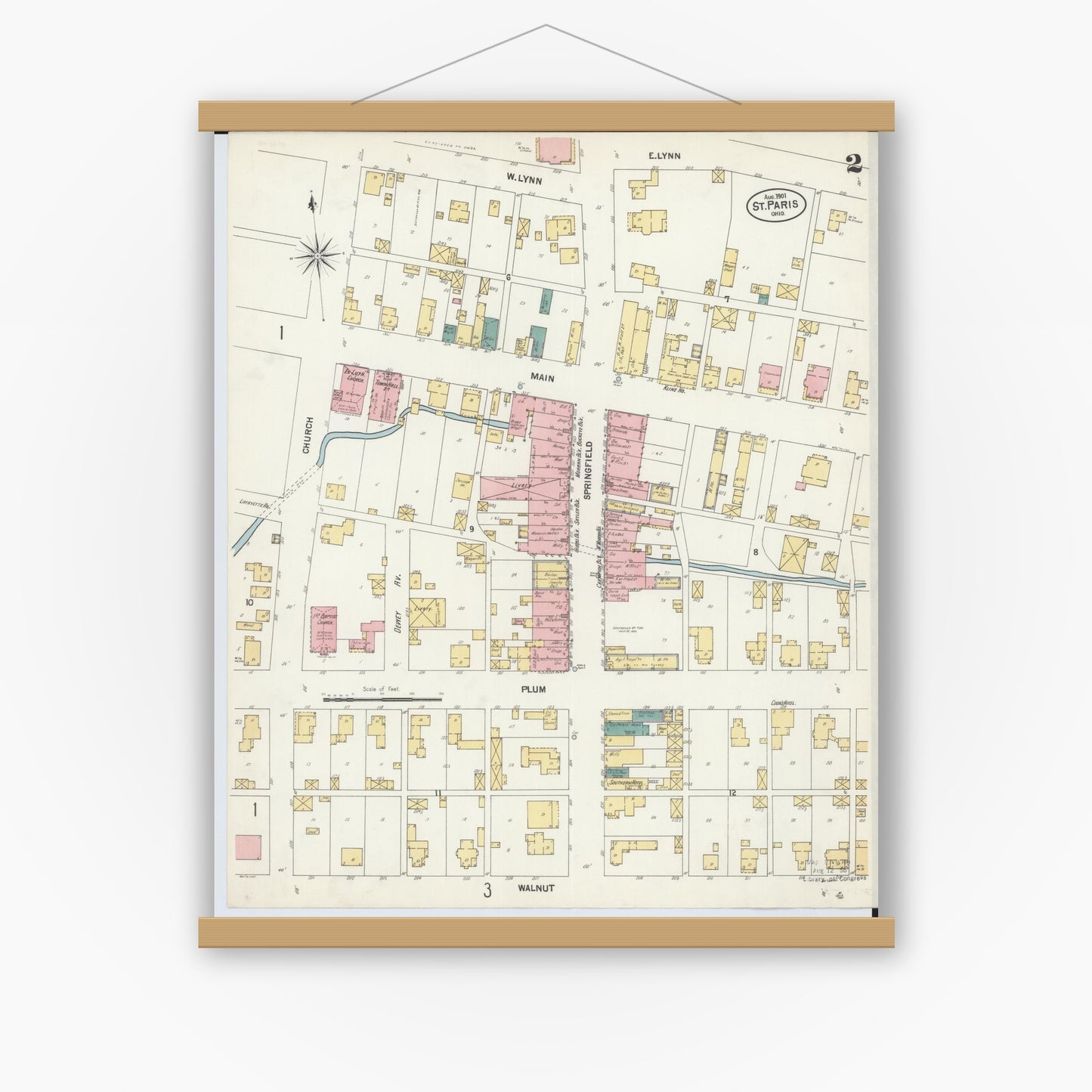 Old map wall art mockup — magnetic wood frame on white wall — Sanborn Fire Insurance Map from Saint Paris, Champaign County, Ohio (1901), Sheet #0002