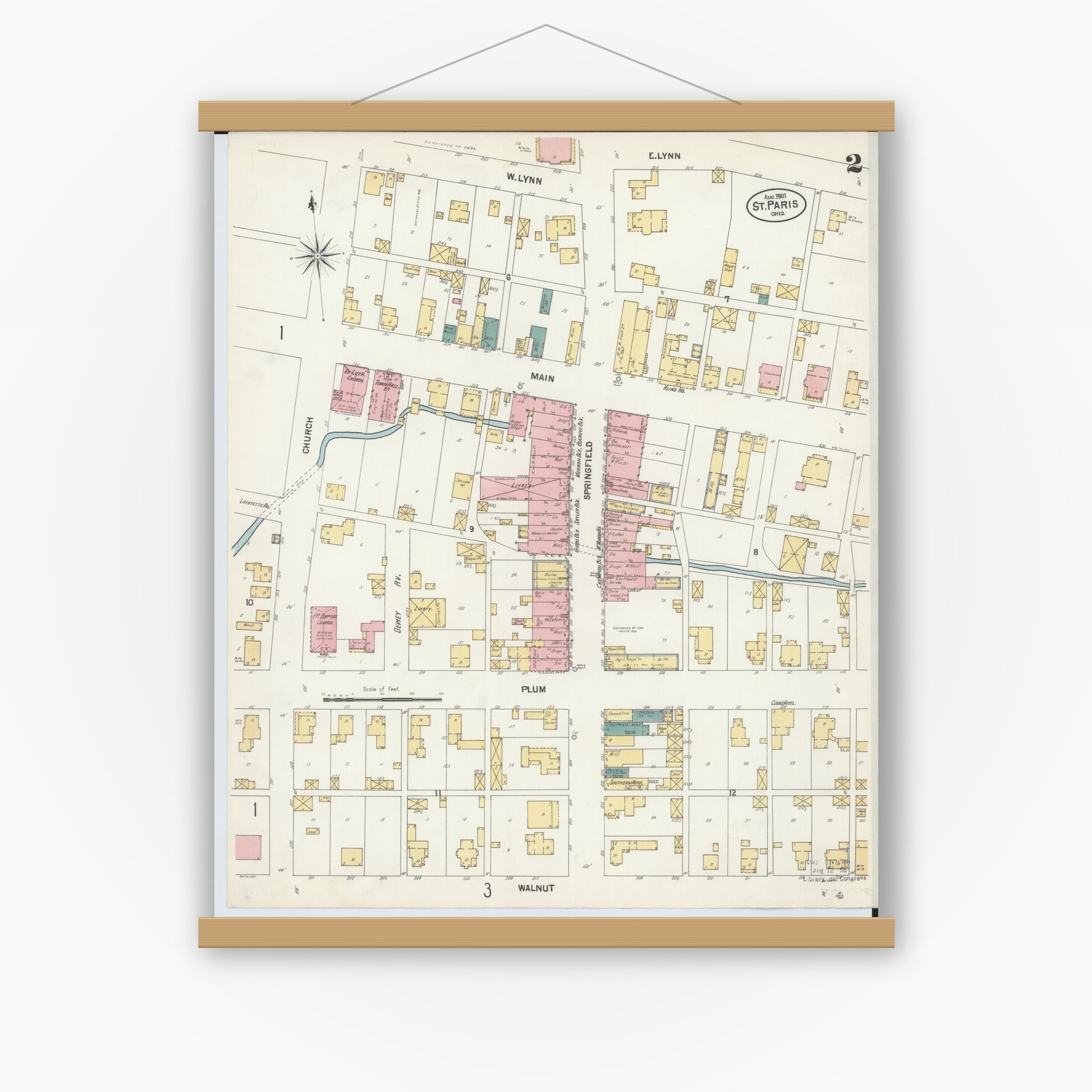 Old map wall art mockup — magnetic wood frame on white wall — Sanborn Fire Insurance Map from Saint Paris, Champaign County, Ohio (1901), Sheet #0002
