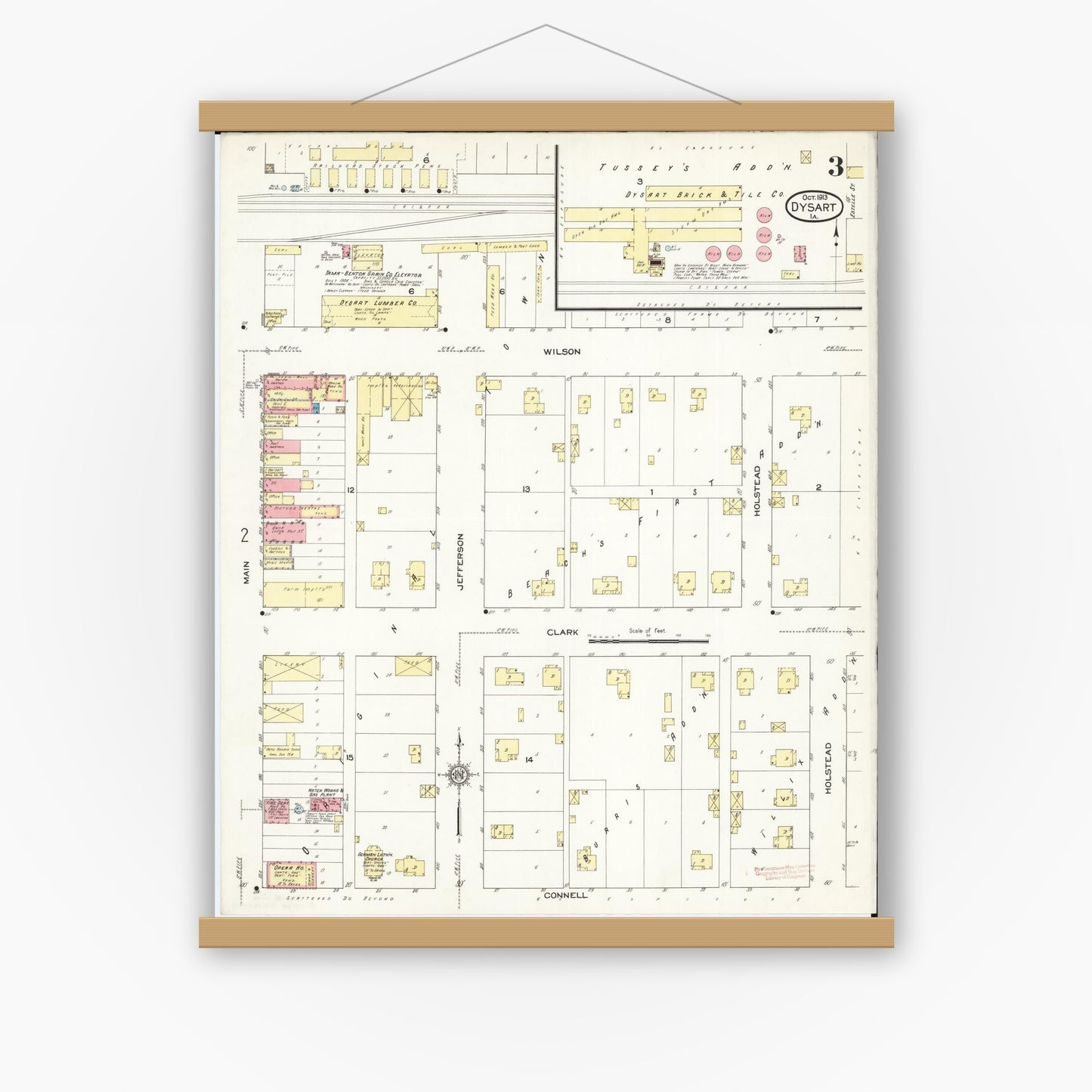 Old map wall art mockup — magnetic wood frame on white wall — Sanborn Fire Insurance Map from Dysart, Tama County, Iowa (1913), Sheet #0003