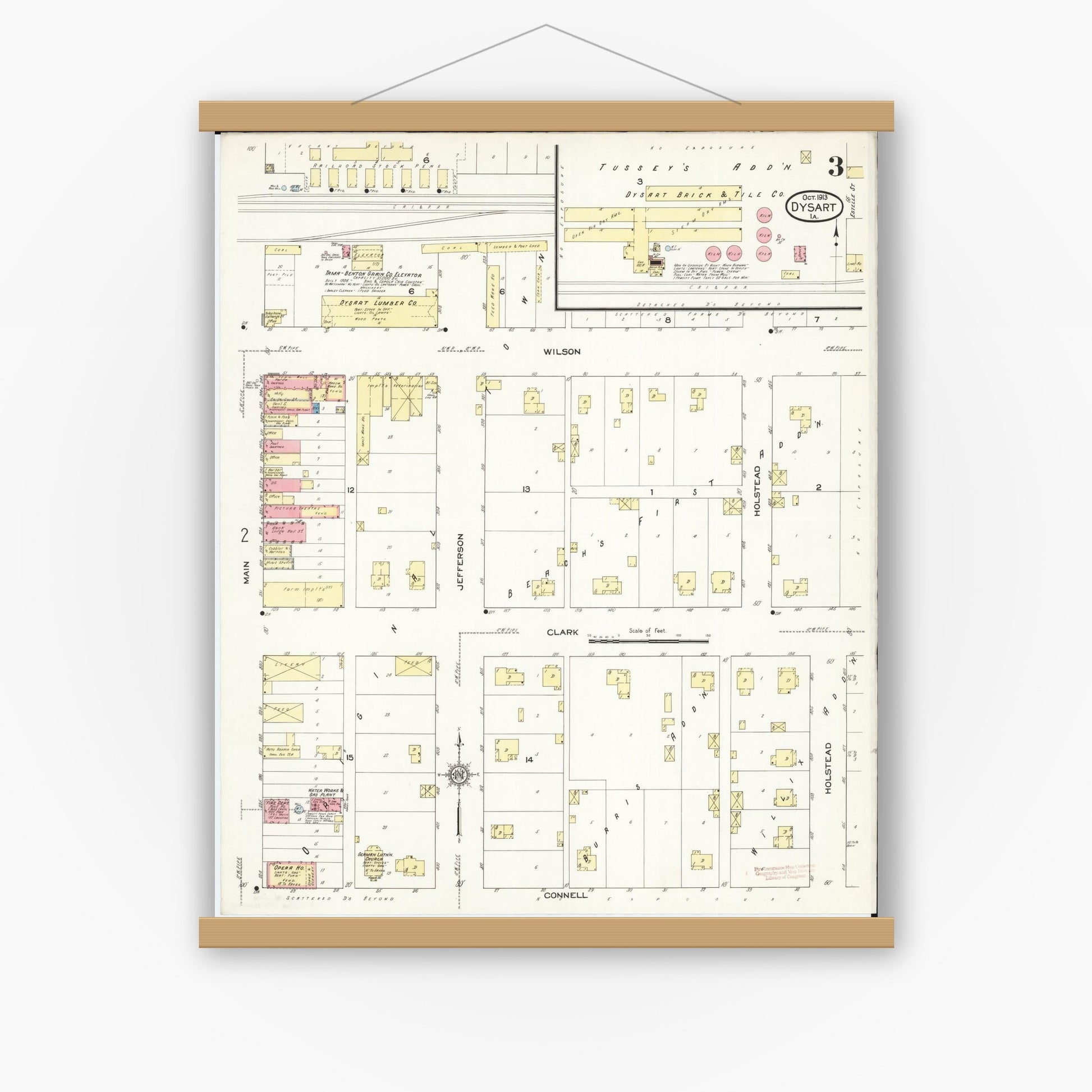 Old map wall art mockup — magnetic wood frame on white wall — Sanborn Fire Insurance Map from Dysart, Tama County, Iowa (1913), Sheet #0003