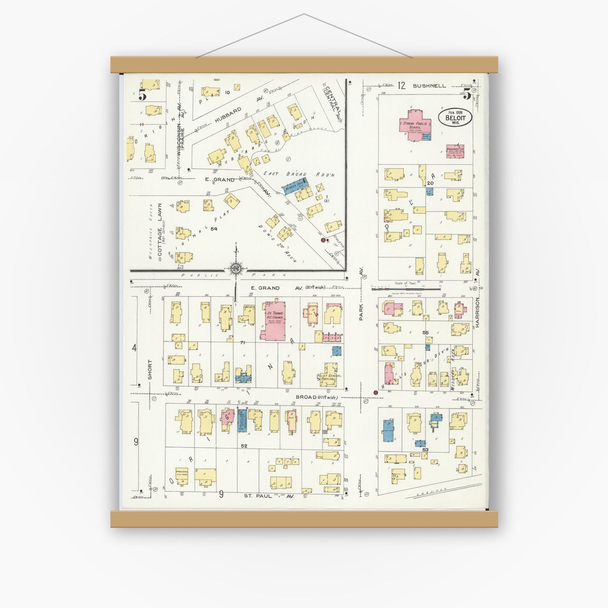 Old map wall art mockup — magnetic wood frame on white wall — Sanborn Fire Insurance Map from Beloit, Rock County, Wisconsin (1926), Sheet #0005
