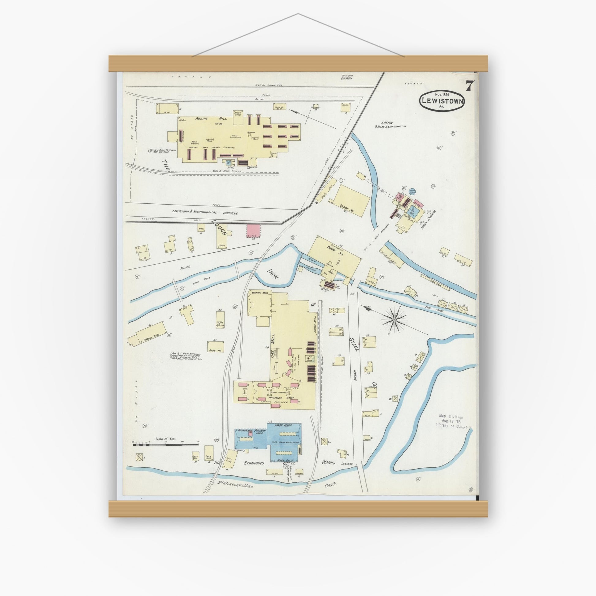 Old map wall art mockup — magnetic wood frame on white wall — Sanborn Fire Insurance Map from Lewistown, Mifflin County, Pennsylvania (1891), Sheet #0007
