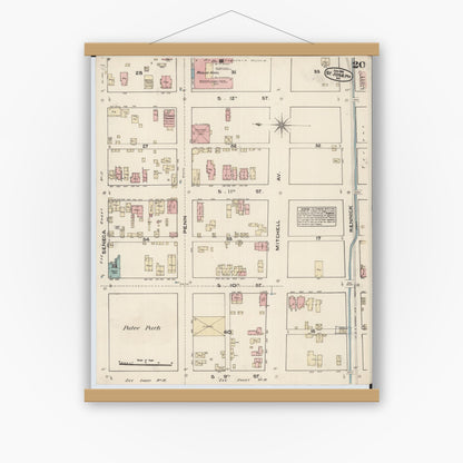 Old map wall art mockup — magnetic wood frame on white wall — Sanborn Fire Insurance Map from Saint Joseph, Buchanan County, Missouri (1883), Sheet #0020