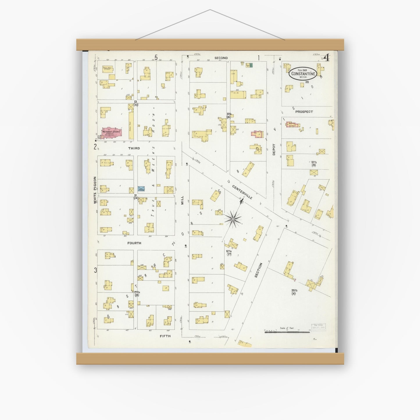 Old map wall art mockup — magnetic wood frame on white wall — Sanborn Fire Insurance Map from Constantine, Saint Joseph County, Michigan (1909), Sheet #0004