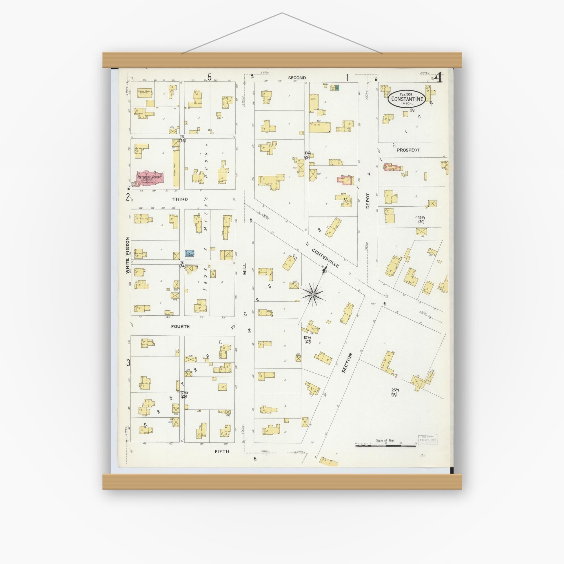 Old map wall art mockup — magnetic wood frame on white wall — Sanborn Fire Insurance Map from Constantine, Saint Joseph County, Michigan (1909), Sheet #0004