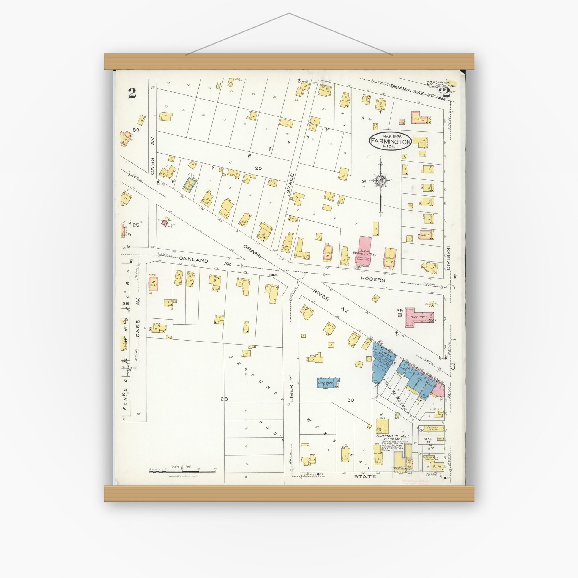 Old map wall art mockup — magnetic wood frame on white wall — Sanborn Fire Insurance Map from Farmington, Oakland County, Michigan (1926), Sheet #0002